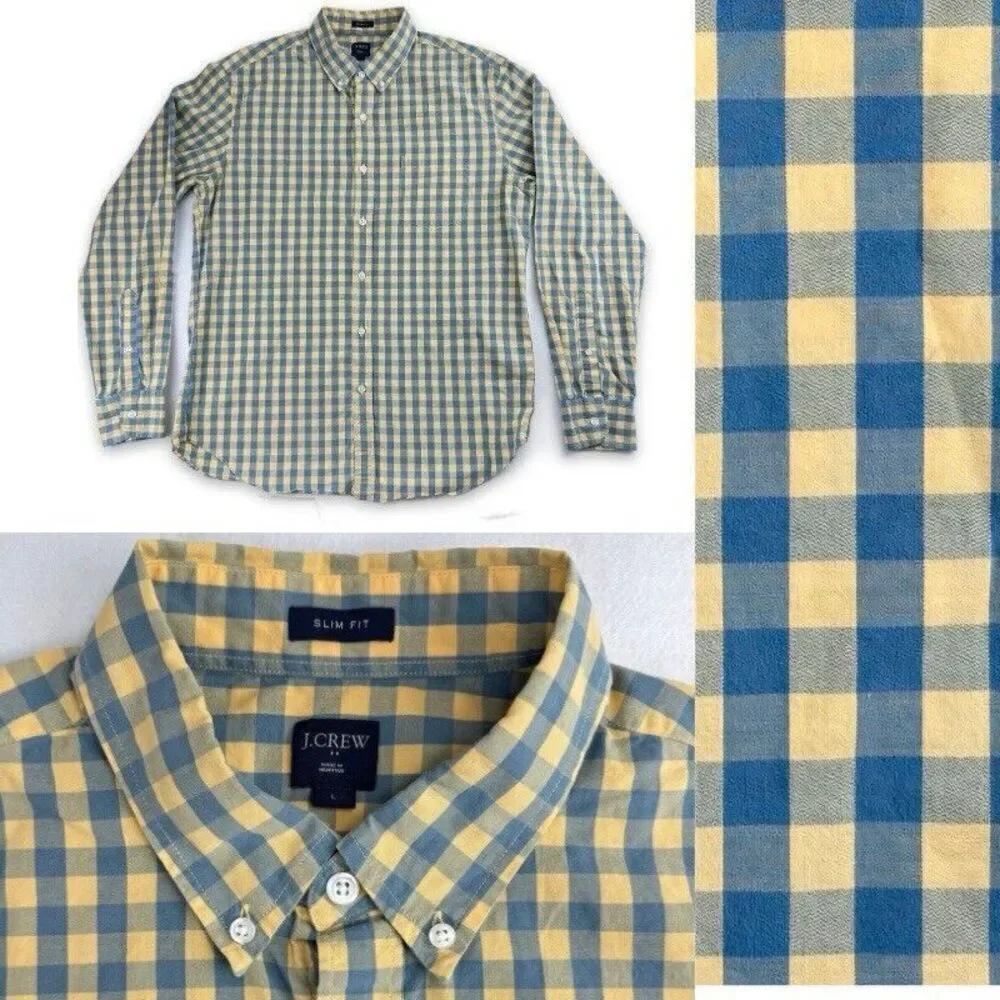 J. Crew Button Down Shirt Mens L Slim Fit Yellow Blue Check Plaid Long Sleeve